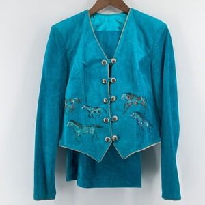 Patricia Wolf Turquoise Suede Western Jacket Skirt Set Horse Rhinestone Medium